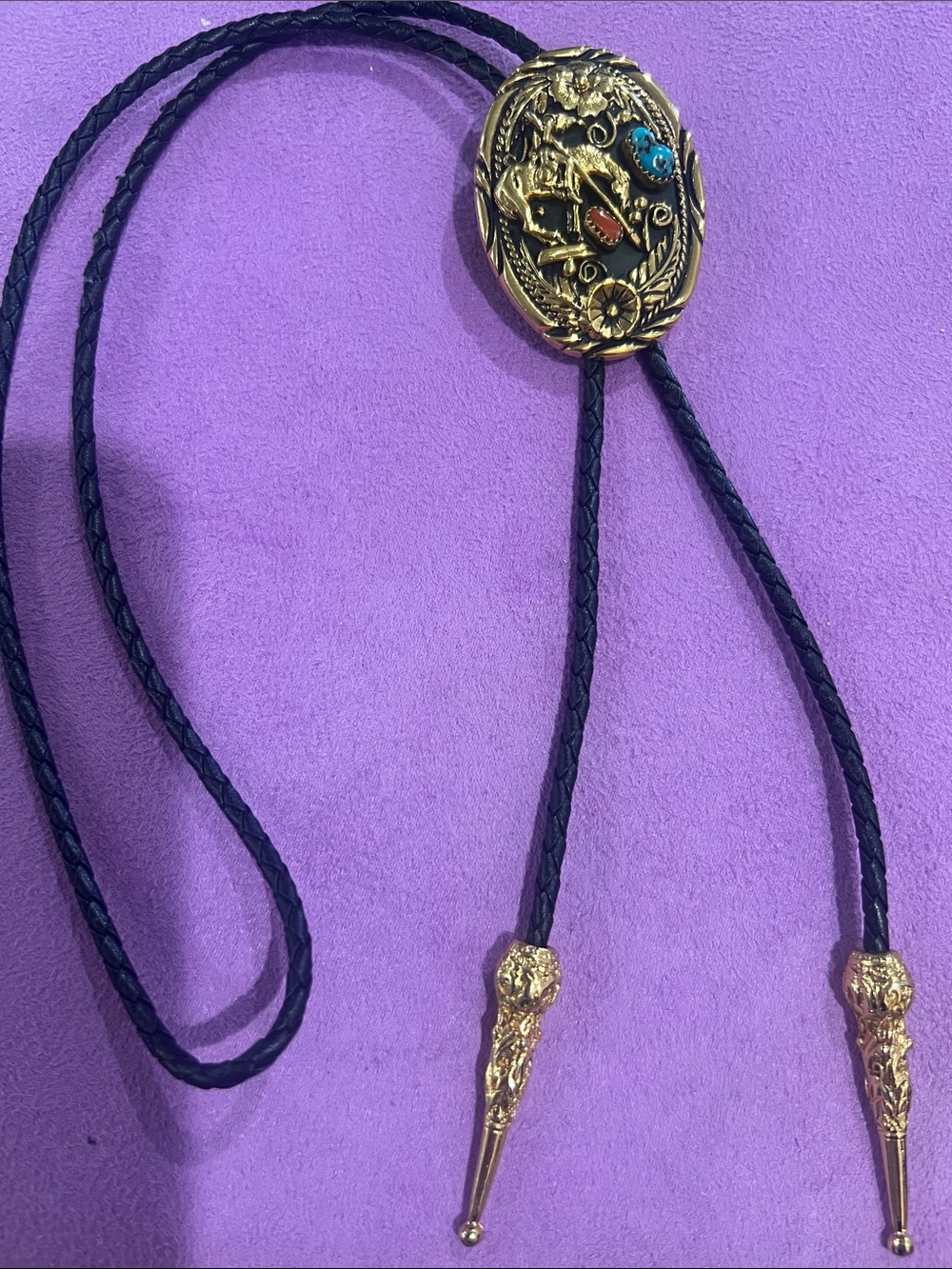 F#110-Black Leather Bolo Tie with Gold Western Slide and Turquoise Accent